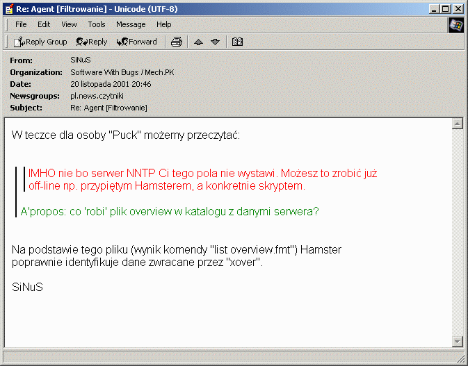 [Na terminalach graficznych jest tutaj zrzut ekranu Outlook Express'a używanego wraz z Pierwszym Polskim Filtrem Niusów]